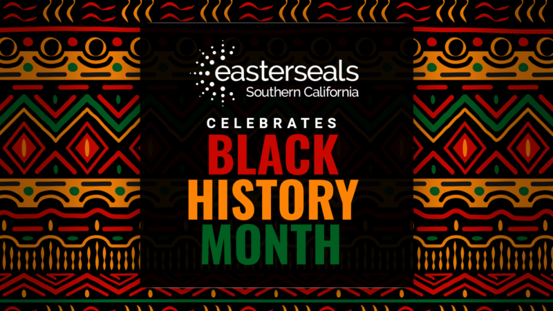A colorful graphic with red, black, green, and gold celebrating Black History Month