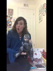 Therapist Melissa Distel and her T-Rex toy.