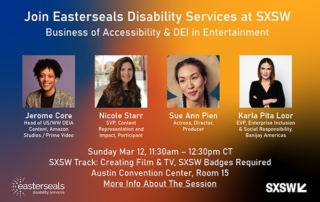 A colorful graphic with orange, red, orange hues with industry professionals discussing DEI with Easterseals at SXSW.